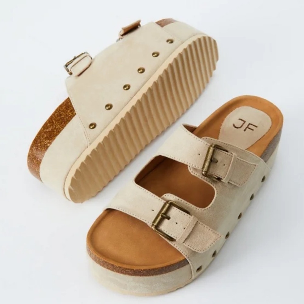 JustFab Abbie Beige Suede Platform Slide Sandals